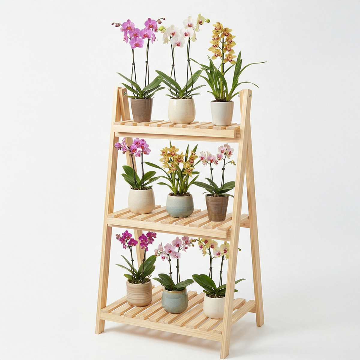 Repisa de madera compacta para plantas de 3 niveles, modelo Amazonas